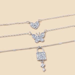 Set of 3 - Rhinestone Lock, Butterfly, Heart Layered Necklace